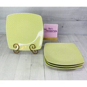 TR Trish Richman 2005 Yellow FLORAL Blue Square Stoneware Lunch Plates Set of 4